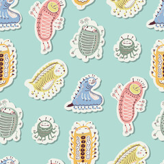 Seamless pattern with cute cartoon monsters.