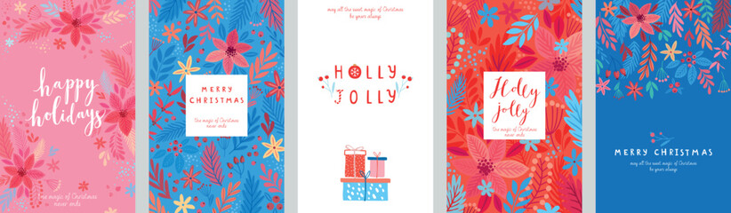 Christmas card set - hand drawn floral flyers. Lettering with Christmas decorative elements.