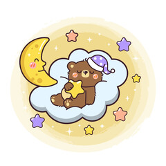 Cute baby bear cartoon illustration sleeping on the cloud2