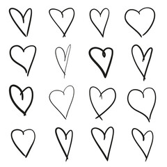 Hand drawn grunge hearts on isolated white background. Set of love signs. Unique image for design. Black and white illustration. Sketchy elements for design