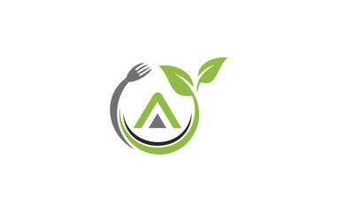 Green leaf nature with spoon and healthy logo design vector spoon fork and leaf
