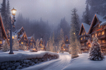 Digital painting of a Nordic village decorated with lights built inside a snowy mountain - AI Generated