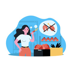 Young woman switching to vegetarian lifestyle. Flat vector illustration. Girl choosing vegetables and plant-based diet instead of meat and fish. Vegetarianism, food concept