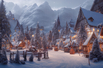 Digital painting of a Nordic village decorated with lights built inside a snowy mountain  - AI Generated