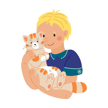 Boy giving hug their cats sitting on hands or shoulders. People of different age, nationality with their furry members of family. Animal owner and pet care cartoon vector illustration