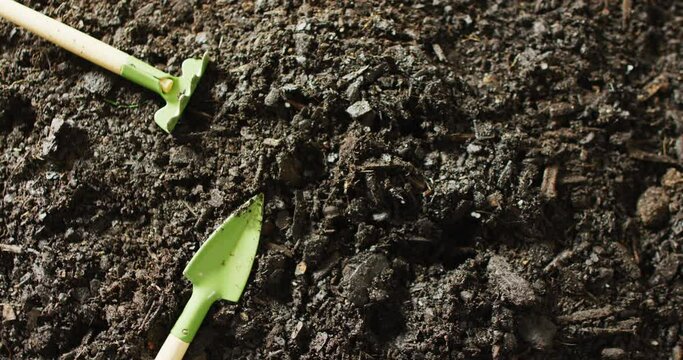 Close up video of miniature trowel and rake gardening tools lying on dark soil, with copy space