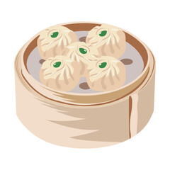 Dim sum, Chinese dishes. Vector illustration of traditional food in China. Cartoon shrimp dumplings and pork bun isolated on white. Chinese meals menu concept