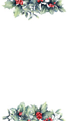 Watercolor Christmas elements, red berries, holly, misletoe, hand drawn illustration, watercolor,frame,background