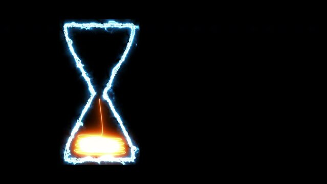 Animation Hourglass white-blue contour luminous neon sand on a black background. Computer graphics