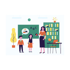Cartoon teacher and pupils at class flat vector illustration. Female tutor lending out books at school. Education, lesson, back to school concept for banner, website design