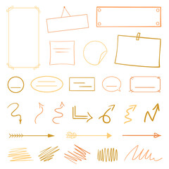 Infographic elements on isolated white background. Hand drawn colored shapes. Abstract frameworks and arrows. Line art. Set of different signs. Colorful illustration. Doodles for artwork