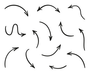 Infographic elements on isolated white background. Hand drawn simple arrows. Line art. Set of different pointers. Abstract indicators. Black and white illustration. Doodles for artwork