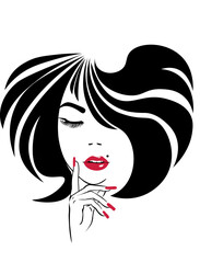 Girl with black hair. Beautiful sexy face, purple lips, fashion woman, element design, curly hairstyle, hair salon sign, icon. Beauty Logo. Vector illustration. Hand drawing style.	