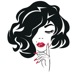 Beautiful sexy face, Red lips, Fashion woman,. a Cute girl with luxurious hair, red lips and Long nails

