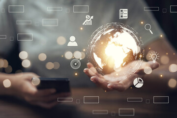 Business people use smart online transactions with internet network technology that has signals around the world, big data, information seekers around the world, check stock market prices