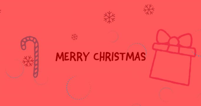 Animation of snow falling, christmas greetings text over christmas decorations