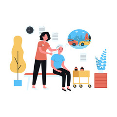 Nurse bandaging head of sad female patient after car accident. Woman thinking about vehicles bumping flat vector illustration. Medicine, accident concept for banner, website design