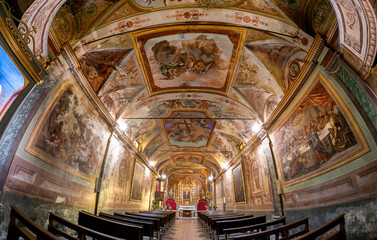 Borgo San Dalmazzo, Cuneo, Italy- December 01, 2022: interior with altar of church of brotherhood...