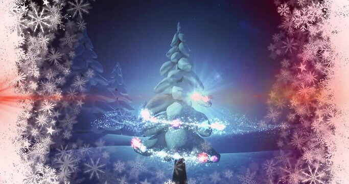 Animation of shooting star over christmas tree in winter scenery