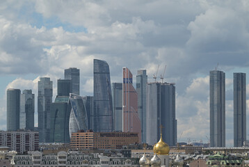 July 25, 2022, Moscow, Russia. Skyscrapers of the Moscow City office center against a cloudy sky.