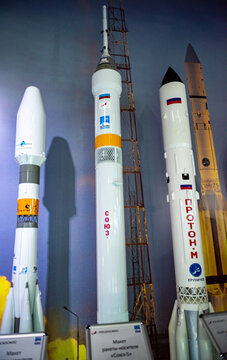 August 30, 2019, Moscow region, Russia. Models of Russian launch vehicles Soyuz-ST, Irtysh (Soyuz-5), Proton-M.