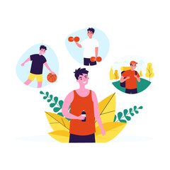 Sportsman holding bottle of water and thinking about sports. Man dreaming of playing volleyball, lifting dumbbells, going camping flat vector illustration