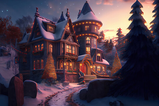 Beautiful mansion decorated for Christmas at sunset, winter landscape, AI generated image