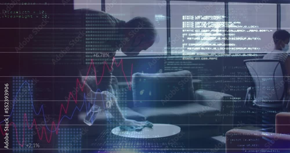 Poster Animation of financial data processing over man in face mask disinfecting table