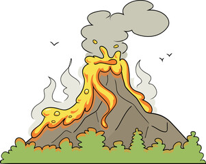 Cartoon volcano with lava on white background