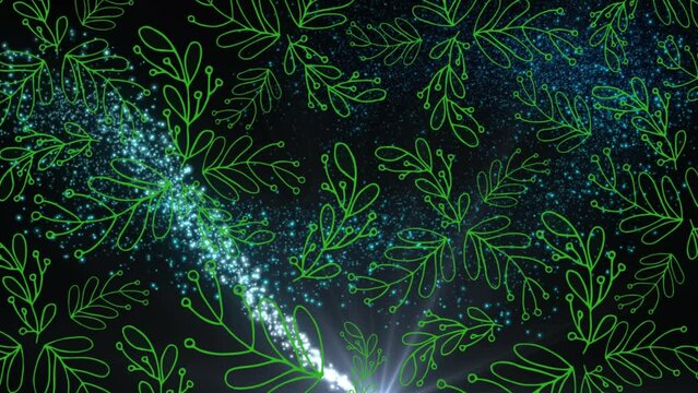 Animation of green leaves pattern design over blue shooting star against black background