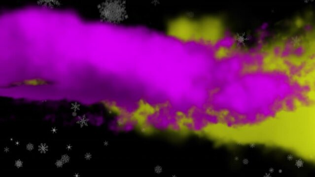 Animation of snowflakes falling over purple and yellow smoke trails against black background