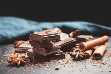 Dark chocolate bar pieces on dark background with copy-space, grated chocolate and spices, pile...