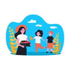 Woman in red hat treating children to pastries. Flat vector illustration. Young girl holding in hands box with buns, donuts, cakes, kids happy with treat. Food, pastries concept