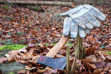 The end of a working day in the forest. An ax lies on a tree stump with a pair of work gloves on...