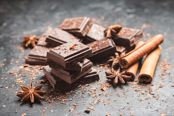 Dark chocolate bar pieces on dark background with grated chocolate and spices, pile chunks of broken chocolate
