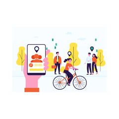 Geolocation function in modern gadgets. Flat vector illustration. Hand holding smartphone determining location of each person, city dwellers. Geolocation, privacy, technology