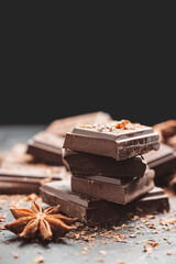 Dark chocolate bar pieces on dark background with copy-space, grated chocolate and spices, pile chunks of broken chocolate