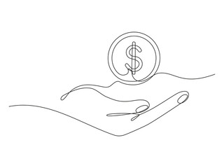 Hand holding coin continuous one line drawing art. Dollar linear symbol. Savings money concept. Vector isolated on white.