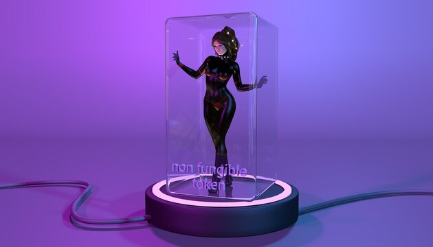 3d render illustration of non-fungible crypto art NFT token on isolated background, based on blockchain technology, disruptive monetization of collectibles market