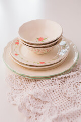 Closeup of porcelain plates and bowls