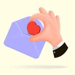 3d vector icon of a hand and an open envelope,
 a post letter with a red heart.
Illustration for romantic design.