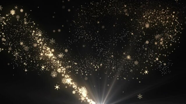 Animation of christmas shooting star and snowflakes falling on black background