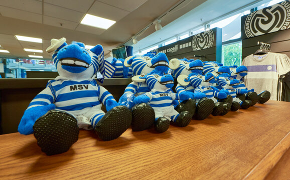 In the fan shop at MSV arena - official playgrounds of FC Duisburg, Germany