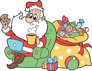 Santa Claus with laptop and big sack of gifts 2