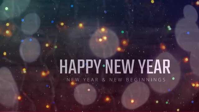 Animation of snow falling over new year text banner against colorful spots of light