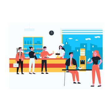 Office workers eating at cafeteria. Employees standing in line, putting food on trays and talking flat vector illustration. Lunch break, communication concept for website design