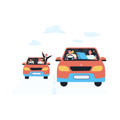 Friends going on road trip together. Flat vector illustration. Young men and women travelling in two identical cars along pre-planned route. Adventure, friendship concept