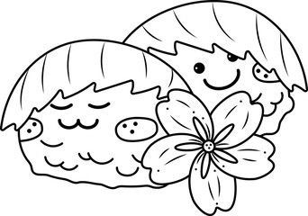 Sakura mochi characters2. Two cute sakura mochi characters with sakura flower. Doodle cartoon vector illustration.