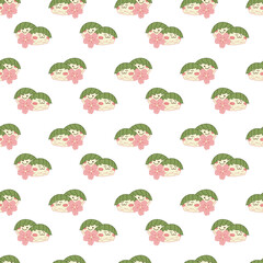 Sakura mochi pattern2. Seamless pattern with two cute sakura mochi characters with sakura flower. Doodle cartoon vector illustration.