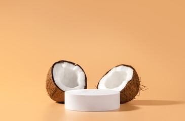 Cosmetic product design. White circle mockup podium and coconuts for beauty product presentation....
